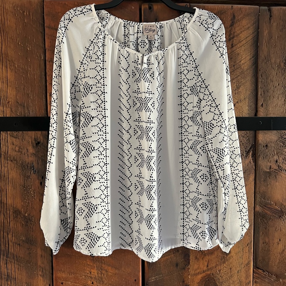 Como Vintage White Blouse with Black Geometric Design